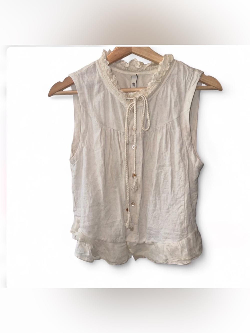 EIN Women’s Cream Sleeveless Ruffle Tie-Front Top Fits Small Cottagecore Romance